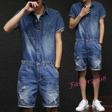Casual Men's Denim Rompers Overalls Short Bib Pants Jumpsuits Loose Jeans Suits