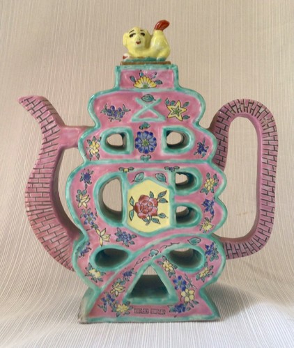 Chinese Porcelain Flower Famille Verte Puzzle Teapot With Foo Dog Lid S L500