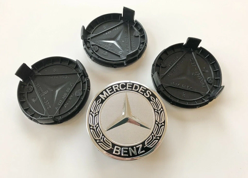JUEGO DE 4 tapacubos centrales para llantas Mercedes-Benz 75MM plateados y negros AMG WREATH Foto 4 de 4