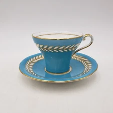 Vintage Aynsley Tea Cup and Saucer Set Blue Gold Wreath Design English China