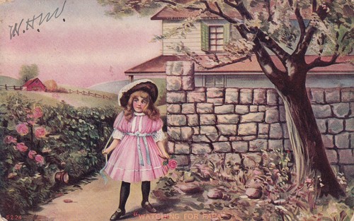 Postkarte Auf Papa von 1907 - Mädchen rosa Kleid Haube Landszene Vintage