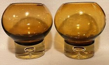 Pair Of Vintage Amber Krosno Poland Art Glass Bubble Bottom Vases 4.5” Tall Nice