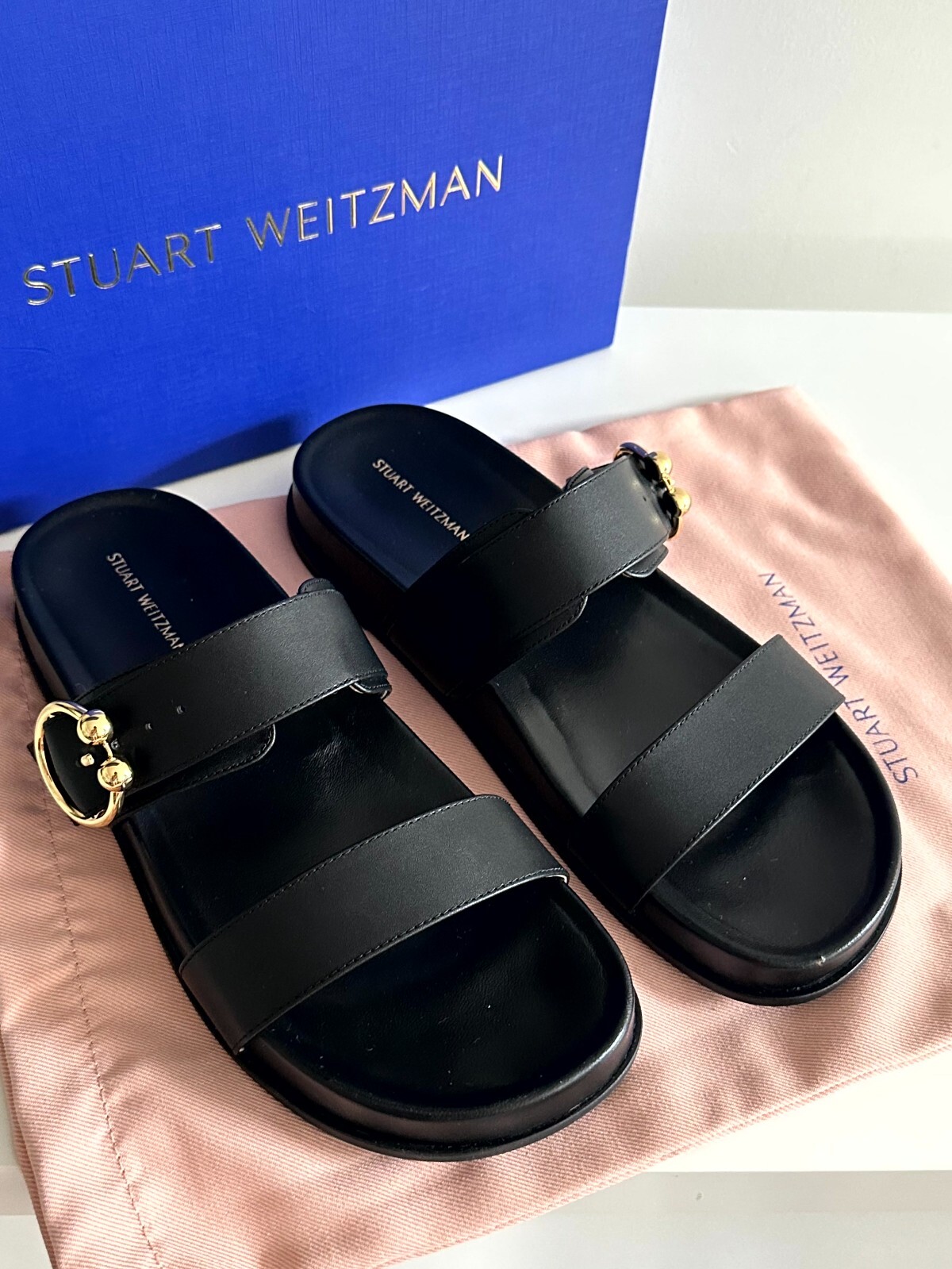 $325 NEW WITH BOX Stuart Weitzman Joni Black leather sandals size 9