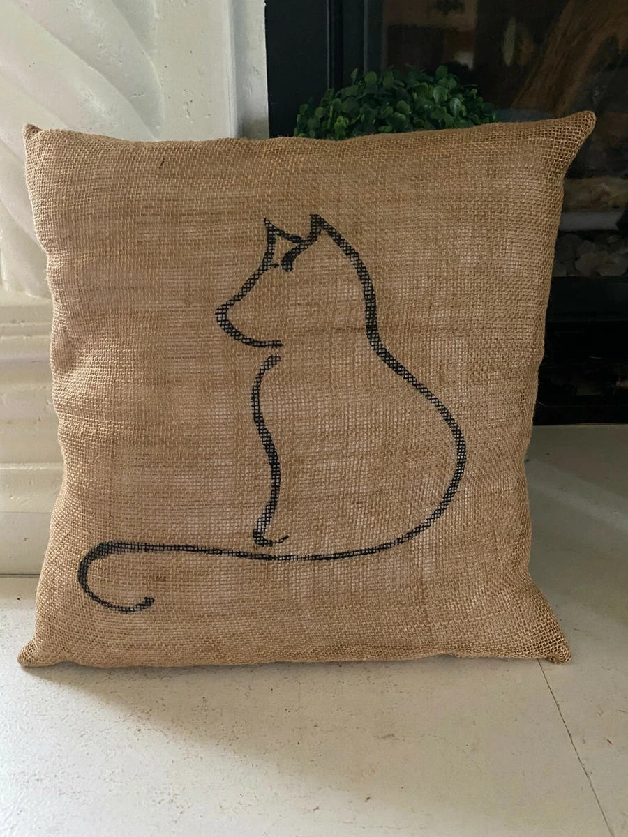 Kitty Cat Throw Pillow Silhouette Burlap Tan Black Textured