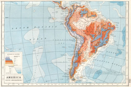 RELIEF AMERYKI POŁUDNIOWEJ. Ocean głębiny górskie. HARMSWORTH 1920 stara mapa - Zdjęcie 1 z 1