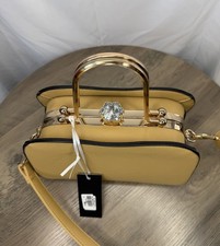 LA TERRE Tan Satchel Top Handle Bag Gem Accent Gold Handles Detachable Strap