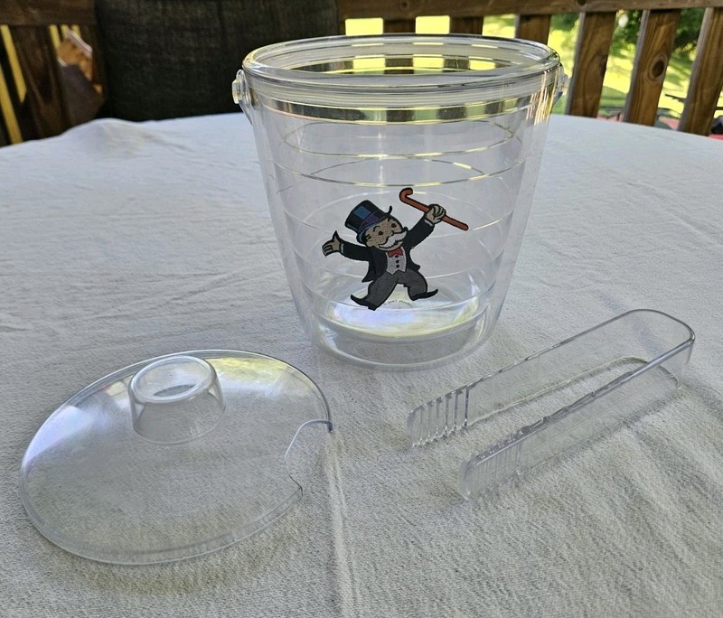 Vintage Tervis Monopoly Man Ice Bucket w/Ice Tongs & Lid
