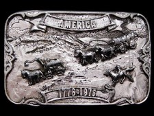 KE21121 VINTAGE 1976 AMERICA BICENTENNIAL WAGON TRAIN SILVERTONE BUCKLE