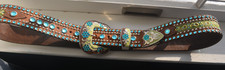 Leather Belt with Turquoise Color Stones and Tapestry ..Belt Buckle is Enamel