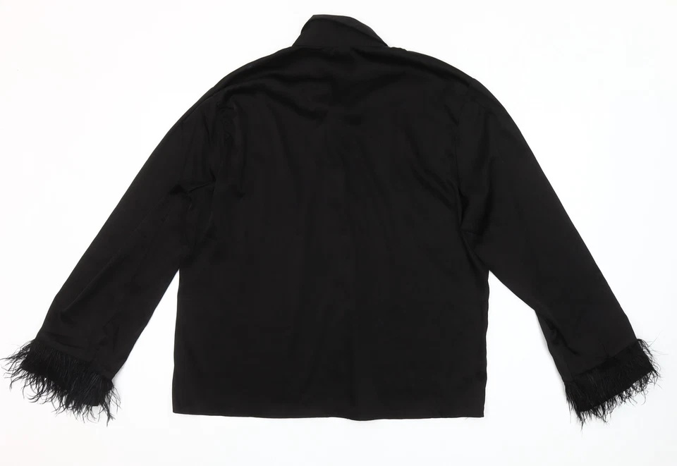 Camisa Boohoo para mujer negra manga larga imitación pluma ribete satinado abotonada Reino Unido 12 Foto 3 de 4