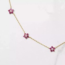 2Ct Round Lab Created Pink Ruby Diamond Flowers Necklace 14K Yellow Gold Plated