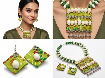 Handmade Indian Tribal Necklace Set Cowrie Shell Green Fabric Boho Choker Jewelr