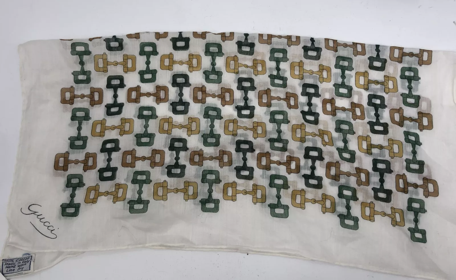 Petite écharpe carrée Gucci 100 % coton blanc avec impression boucle verte/marron 