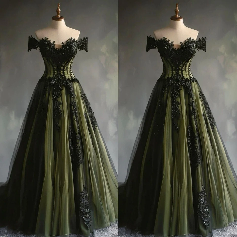 Vestidos de novia góticos con hombros descubiertos apliques de encaje negros vestidos de novia retro Foto 2 de 4