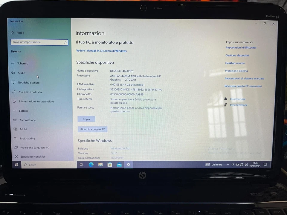 Notebook HP G6 - 2220SL - WINDOWS 10 - 6GB RAM - SSD 120GB - AMD A6 4400M - Immagine 3 di 4