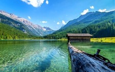 Landscape lake nature boathouses mountains log summer Custom Gaming Mat Desk