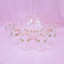 Vtg 7 PC Floral Federal Ball Pitcher & 6 Glasses Flowers Clear Frosted Ice Lip
