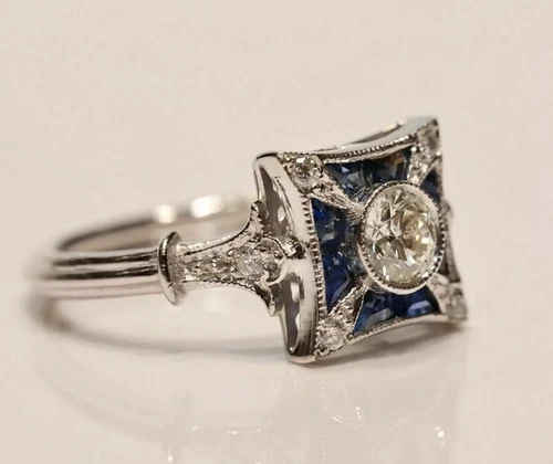 Art Deco Style Lab Created Diamond & Sapphire Wedding Ring 14K White Gold Finish