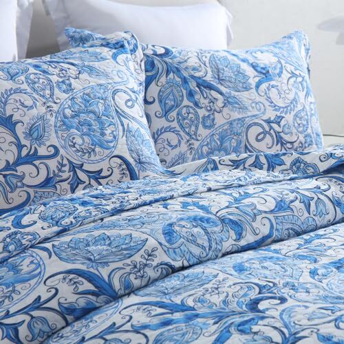 Cotton Bedspread Quilt Bedding Sets,3 Pieces Queen size White Blue