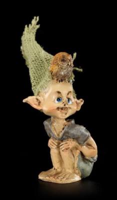 Pixie Kobold Figur mit Mütze - Eule auf dem Kopf - Zwerge Gnome