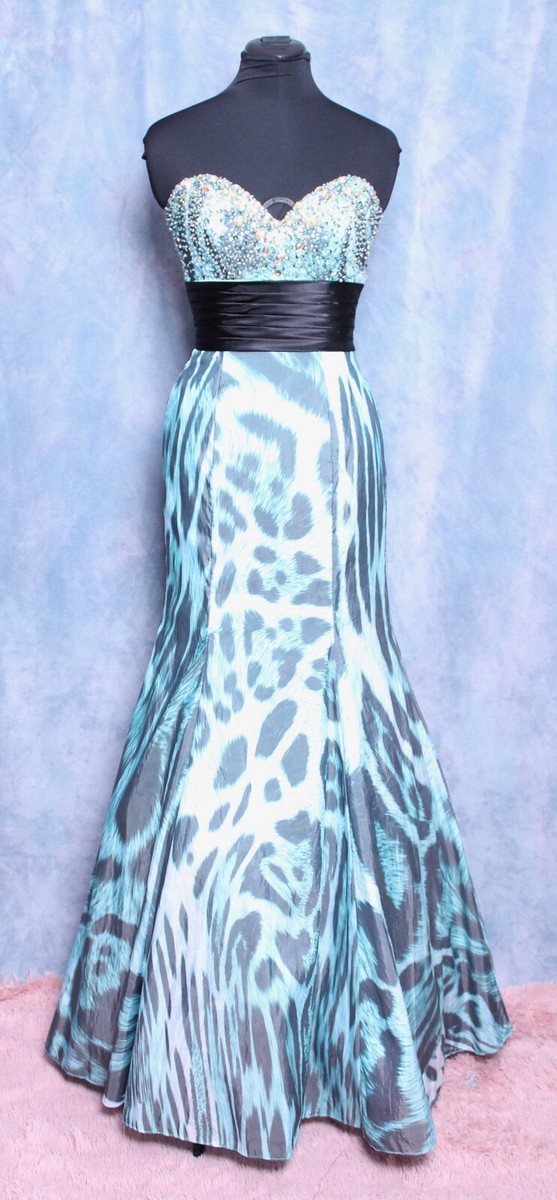 blue leopard print prom dress Leopard Square Neck Satin A Line Long Prom Dresses With Slit Leopard / 12