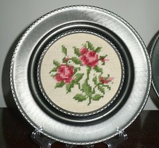GERMANY Finished Handmade Needlepoint Picture Flowers Round Tinned Plate Frame