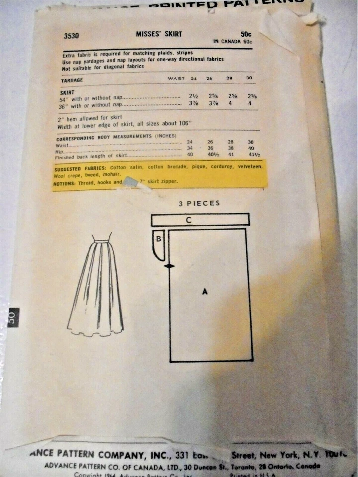 Advance Vintage Pattern-Sew-Easy #3530-Misses Skirt-Size 24" Waist-NEW/FF-1964 - Image 3 of 3