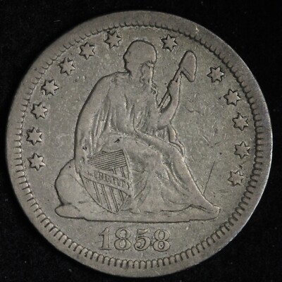 1858 Seated Liberty Silver Quarter CHOICE VF+ E297 REQ