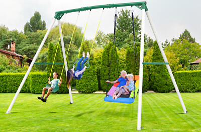 Hapfan 600lb 9.5ft Tall Heavy Duty Frame Metal Swing Set w/ 3