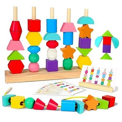 Montessori Toys for 2 3 4 Year Old Wooden Shape Matching Game & Lacing Beads 