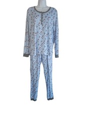 Peanuts Womens Size Med Blue Gray Snoopy Woodstock Ice Skatting 2Pc Pajamas Set