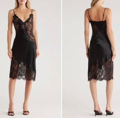 L'Agence Women Slip Dress Diya Silk Lace Black Midi US 10 NWT $635