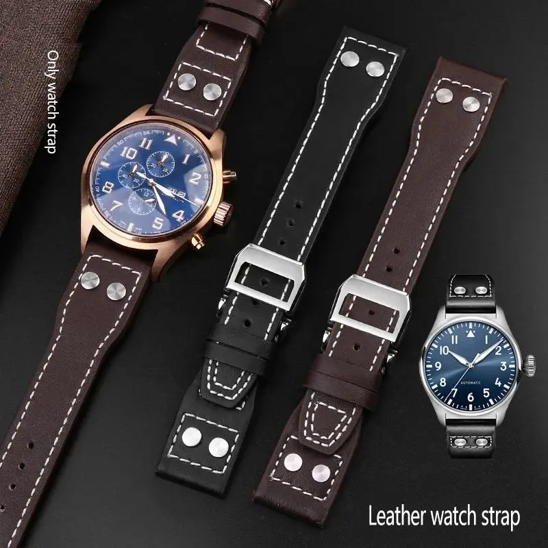 Leather Watch Strap for IWC Pilot Spitfire Mark Rivets 21mm 22mm Buckle Band