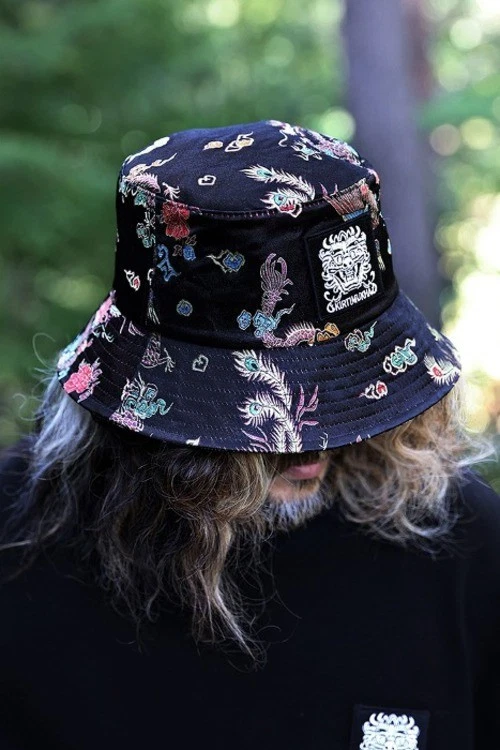 Mukha Embroidery Patch Oriental Fabric Bucket Hat Unisex Fashion Headwear Black