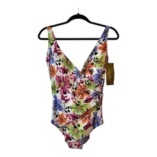 GOTTEX GARDEN DREAM V NECK SURPLICE ONE PIECE SWIMSUIT SZ 16 Floral Colorful NEW