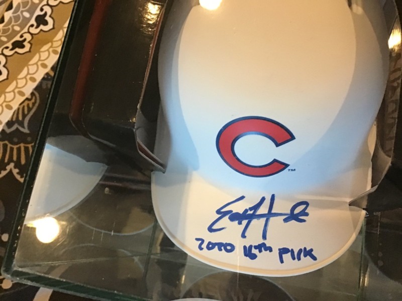 Autographed Ed Howard Mini Baseball Helmet, Chicago Cubs in a case