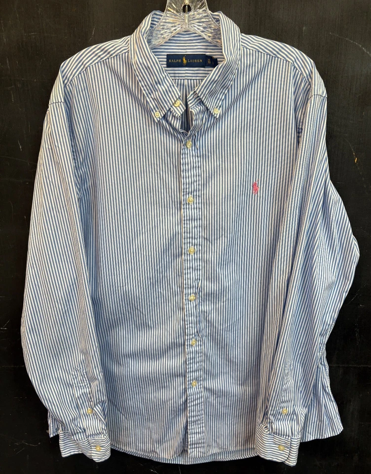 Camisa Ralph Lauren Para Hombre XL Azul Rayas 100% Algodón Botón Delantero Manga Larga Foto 2 de 4