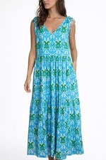 Talbots Maxi Dress Plus Sz 16 Blue Green Ikat Tiered Lined V Neck Travel Resort