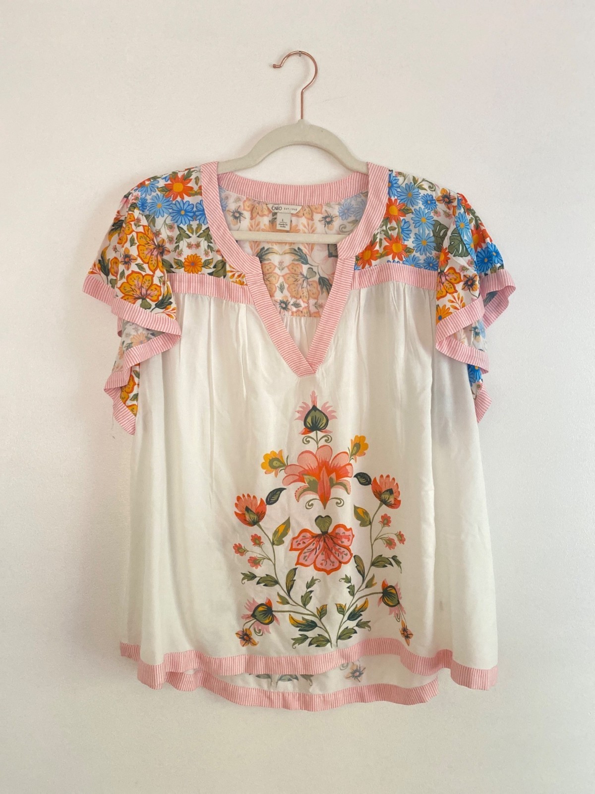 Cato Women's Floral Embroidered Boho Blouse With Flutter Sleeves Size L