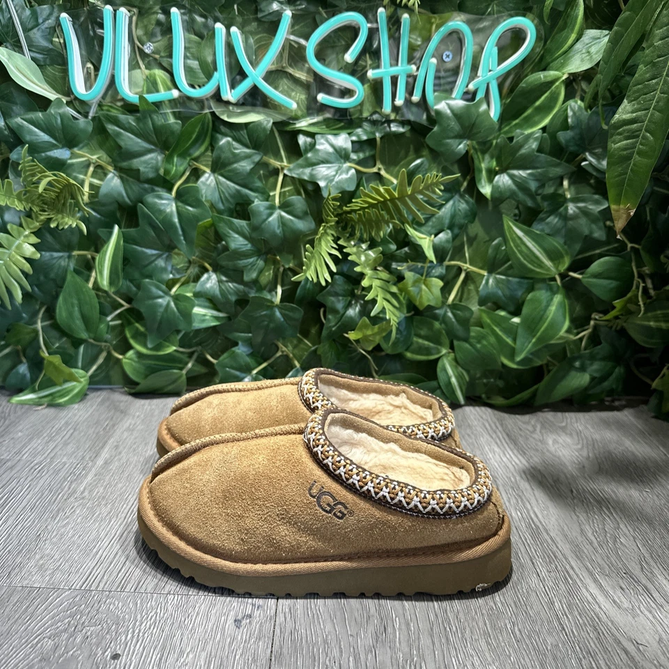 Ugg Slippers Kids 1 Black Suede Braided Collar Cozy Warm Lined Tasman Slip On - Image 4 of 4