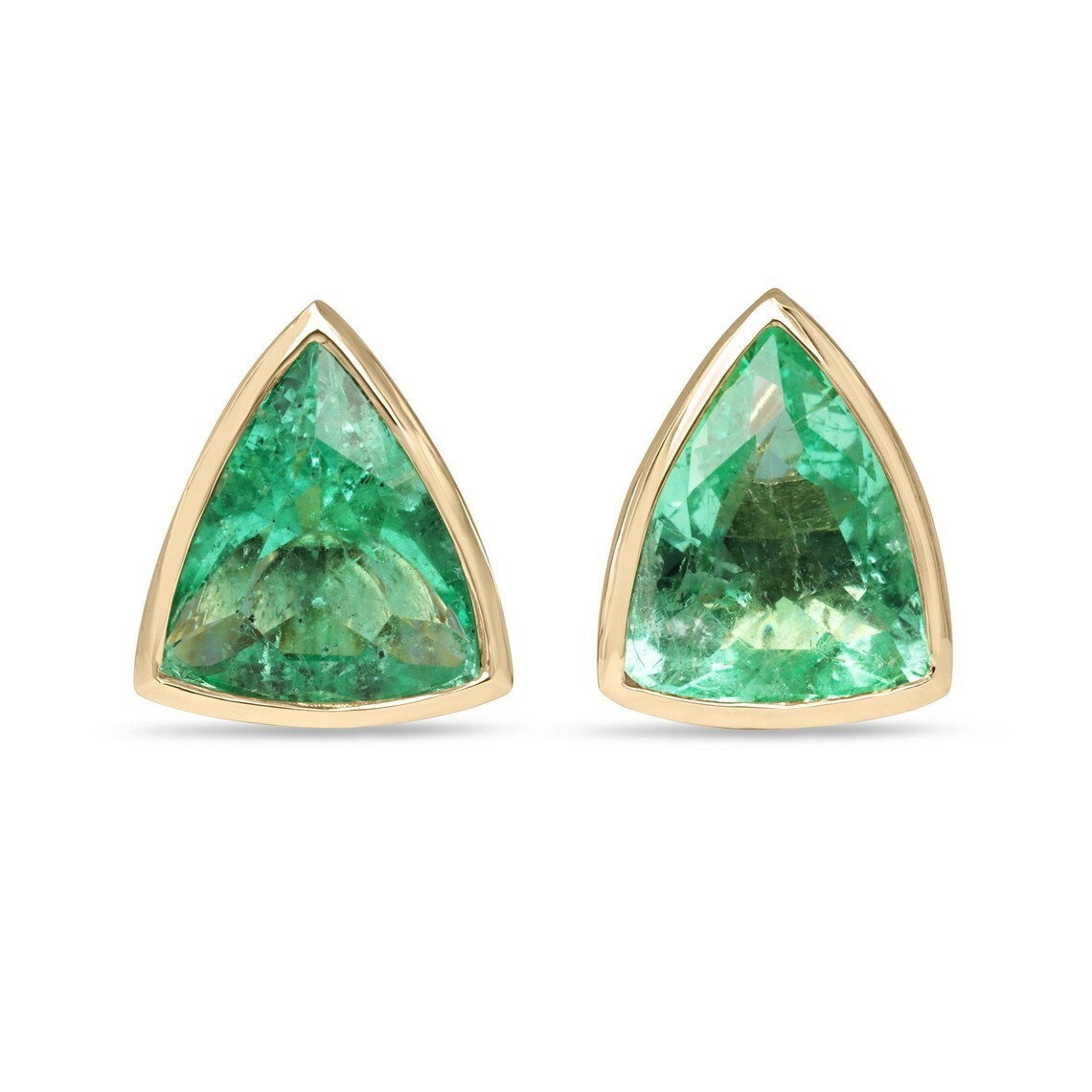 15.76tcw RARE LARGE Trillion Cut Colombian Emerald Bezel Set Omega Earrings 18K