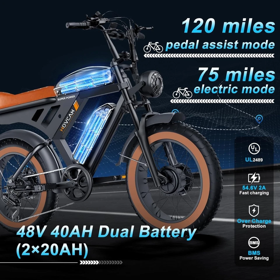 Movcan V30PROMAX Electric Bike 37.5mph 3000W 48V 40Ah 20" Fat Tire Ebike Adults - Image 3 of 4