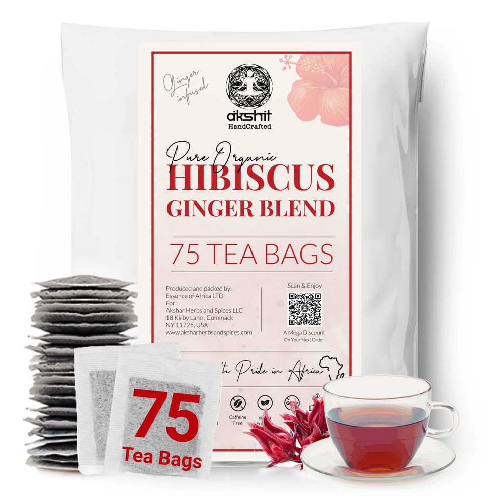 75 Organic Hibiscus Tea Bags, Hibiscus Tea Blend, Hibiscus Ginger Herbal Tea