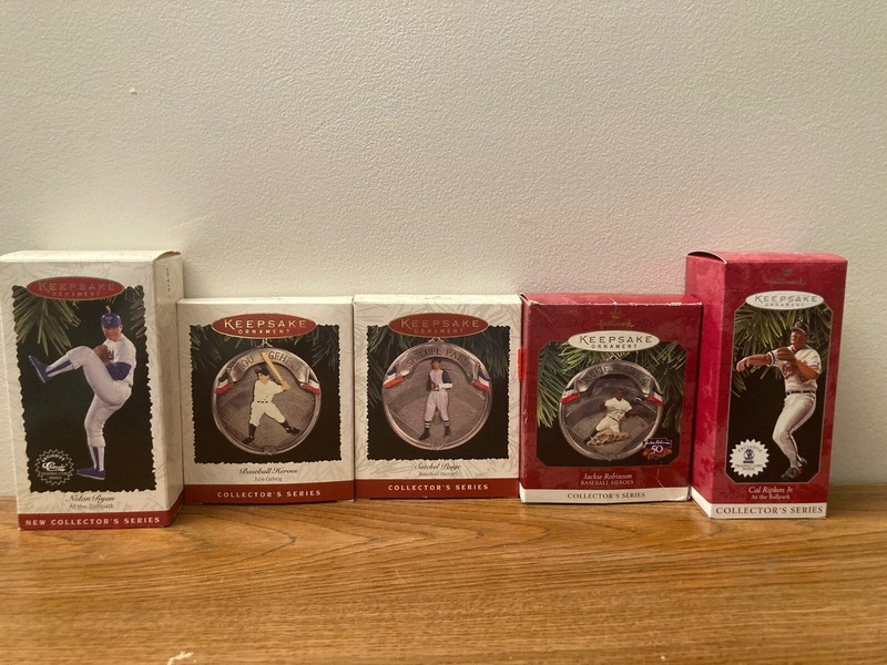 MLB Hallmark Keepsake Ornaments Lot of 5 - Ryan, Gehrig, Paige, Robinson, Ripken