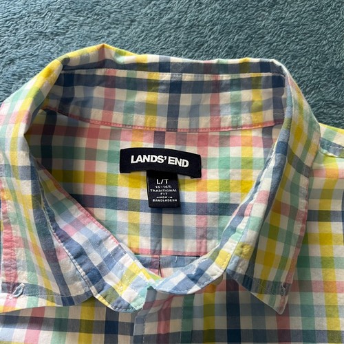 Land's End LT 16-16 1/2 Neck Button Up Shirt Pastel on White Checkered Pattern - Picture 2 of 8