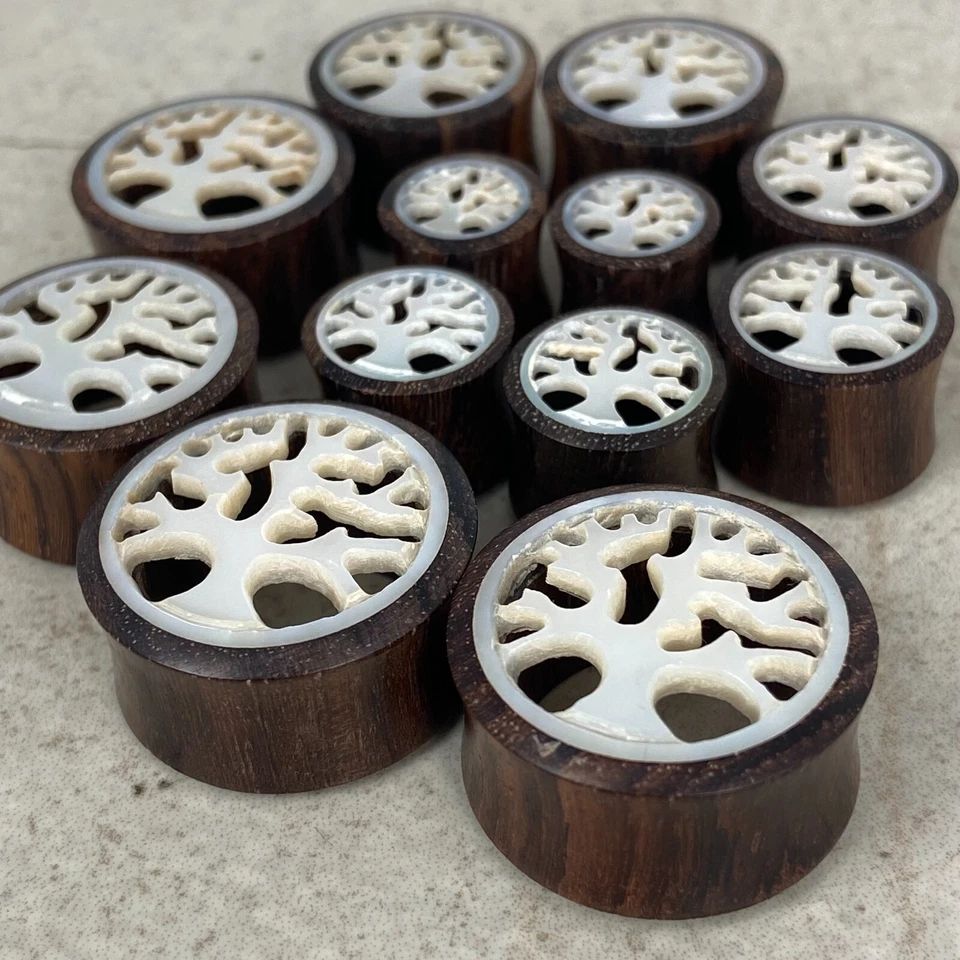Pair of Sono Wood Mother of Pearl Tree of Life Tunnels gauges organic plugs - Image 2 of 4