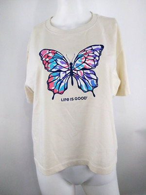 Life is Good Women S/S Boxy Crusher Tee Tie-Dye Butterfly White Medium 77671