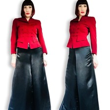 Vintage 1930s Black Rayon Satin Wide Leg Trousers / Lounge Pants Small Medium