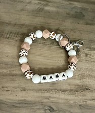 Fashion Mama Leopard Wooden Beaded Wristlet Keychain With Tassel - Tan