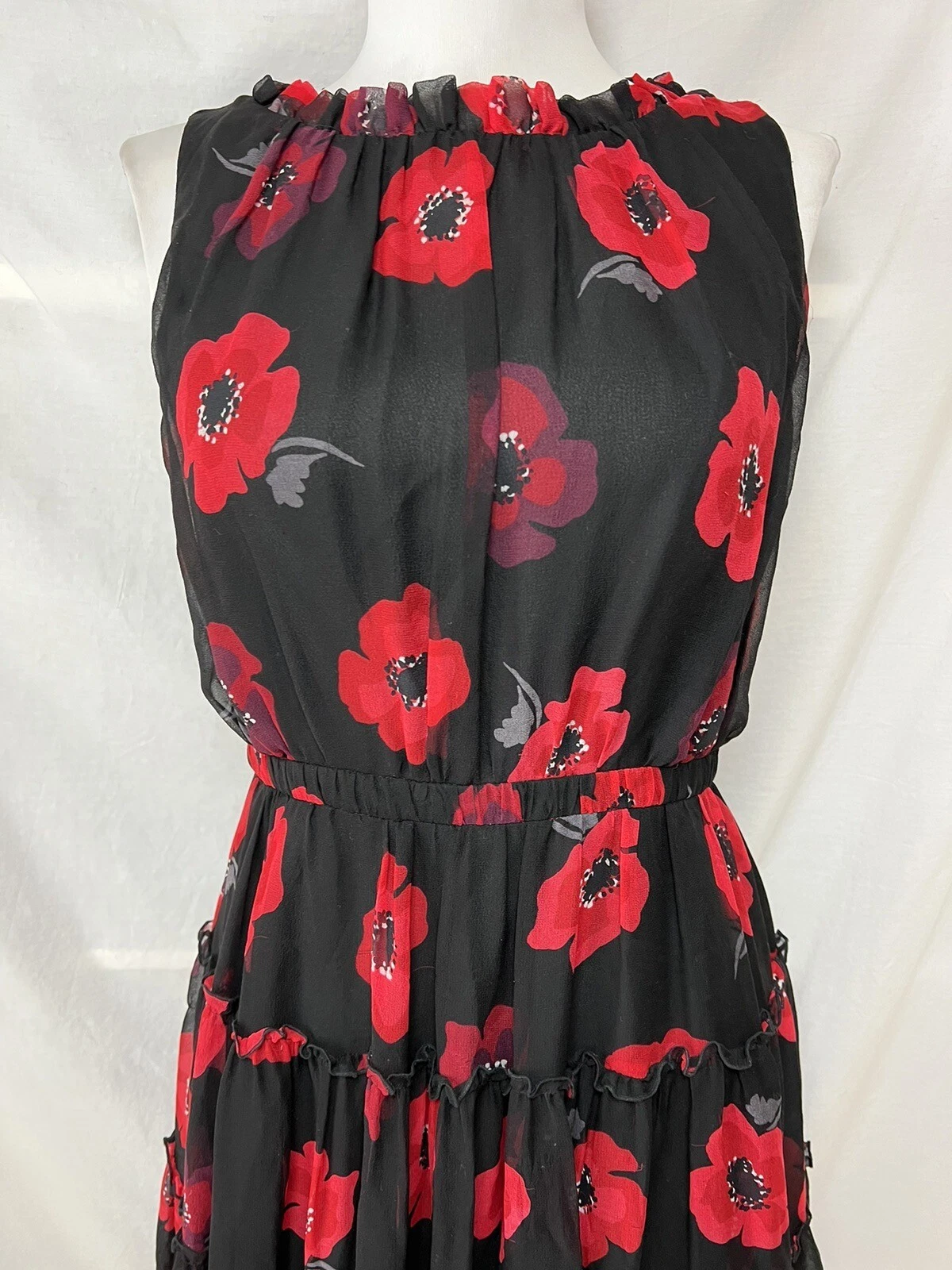 Mini abito Kate Spade papavero chiffon aderente e svasato 2 arricciature rosso nero seta floreale